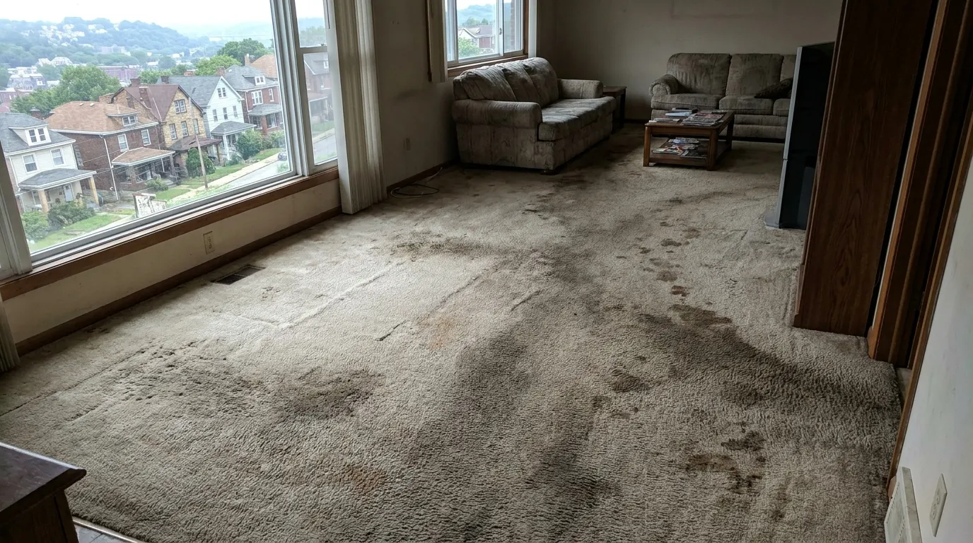 Heavily soiled carpet with traffic lanes before cleaning