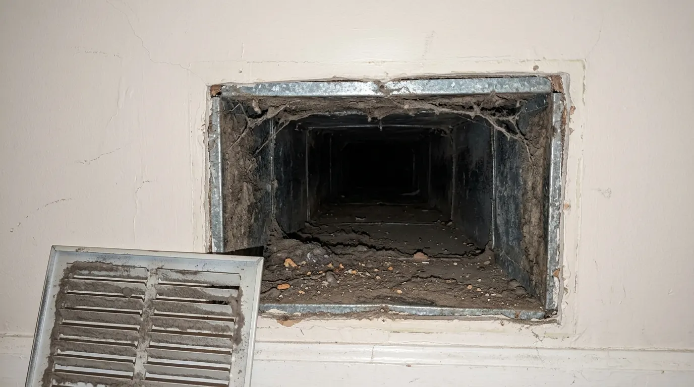 HVAC duct interior caked with dust before cleaning