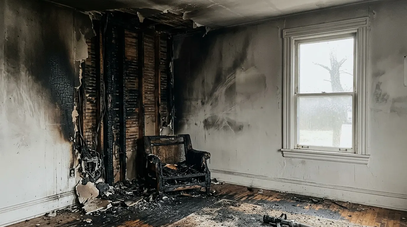 Living room with severe fire damage and charred walls before restoration