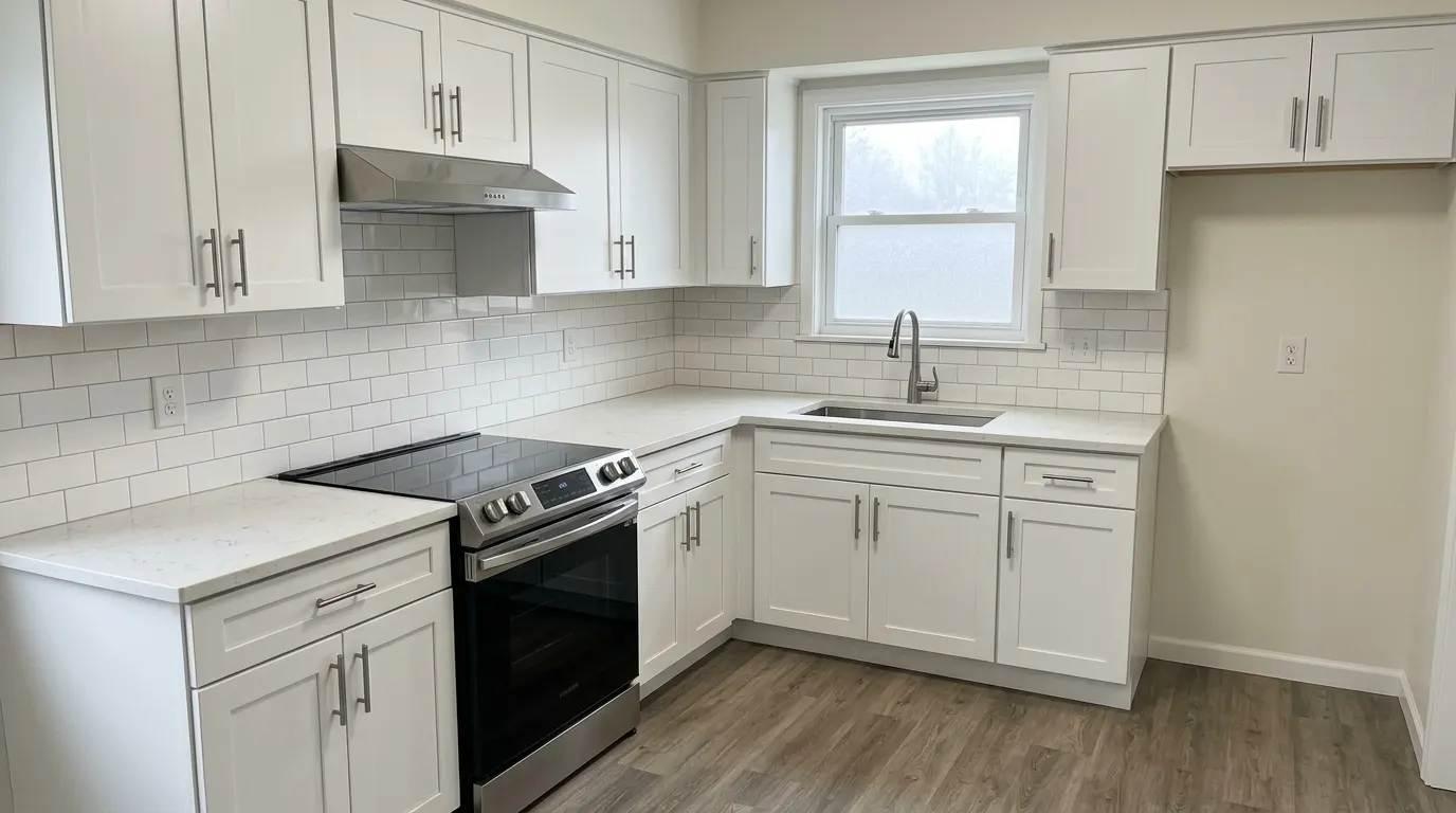 Same kitchen fully remodeled with white shaker cabinets, quartz counters and new flooring