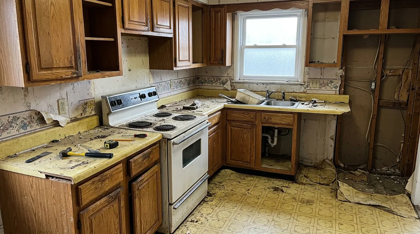 Dated kitchen mid-teardown with worn oak cabinets and exposed wall studs before remodel