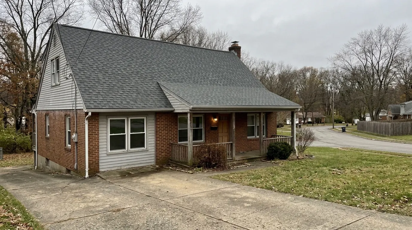 Same house with a brand new architectural shingle roof and straightened gutters