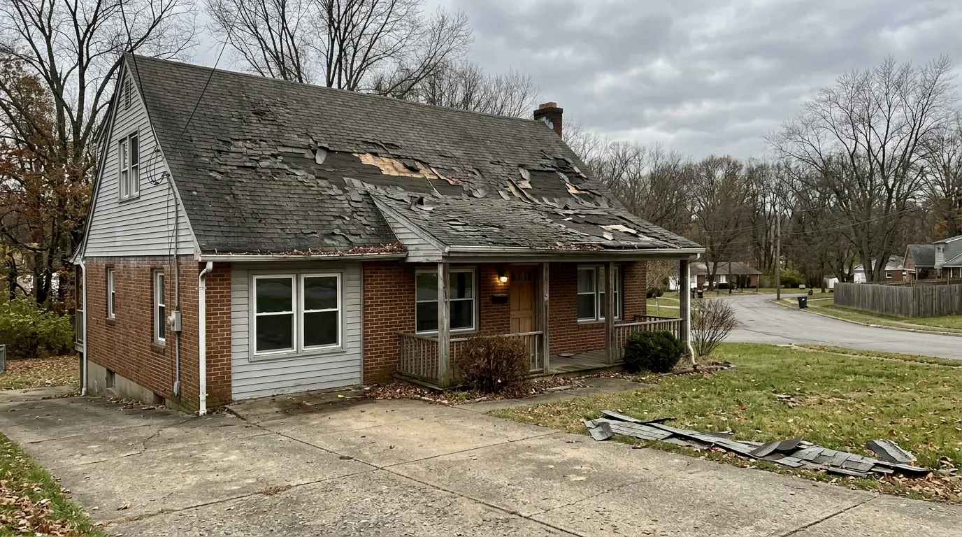 House with badly worn shingle roof, curling and missing shingles exposing underlayment