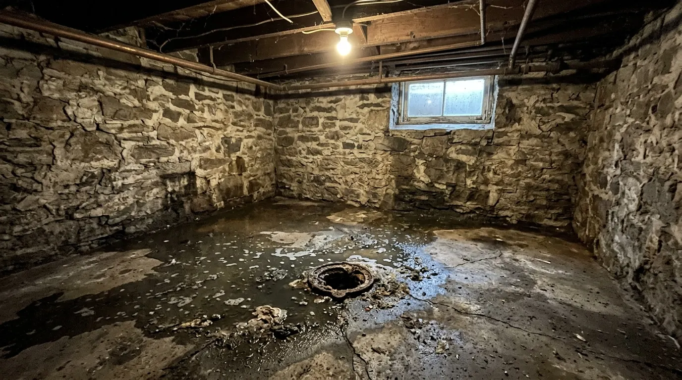 Basement floor after a sewage backup before cleanup